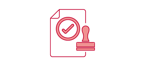  A pink icon shows a document with a checkmark and a stamp.