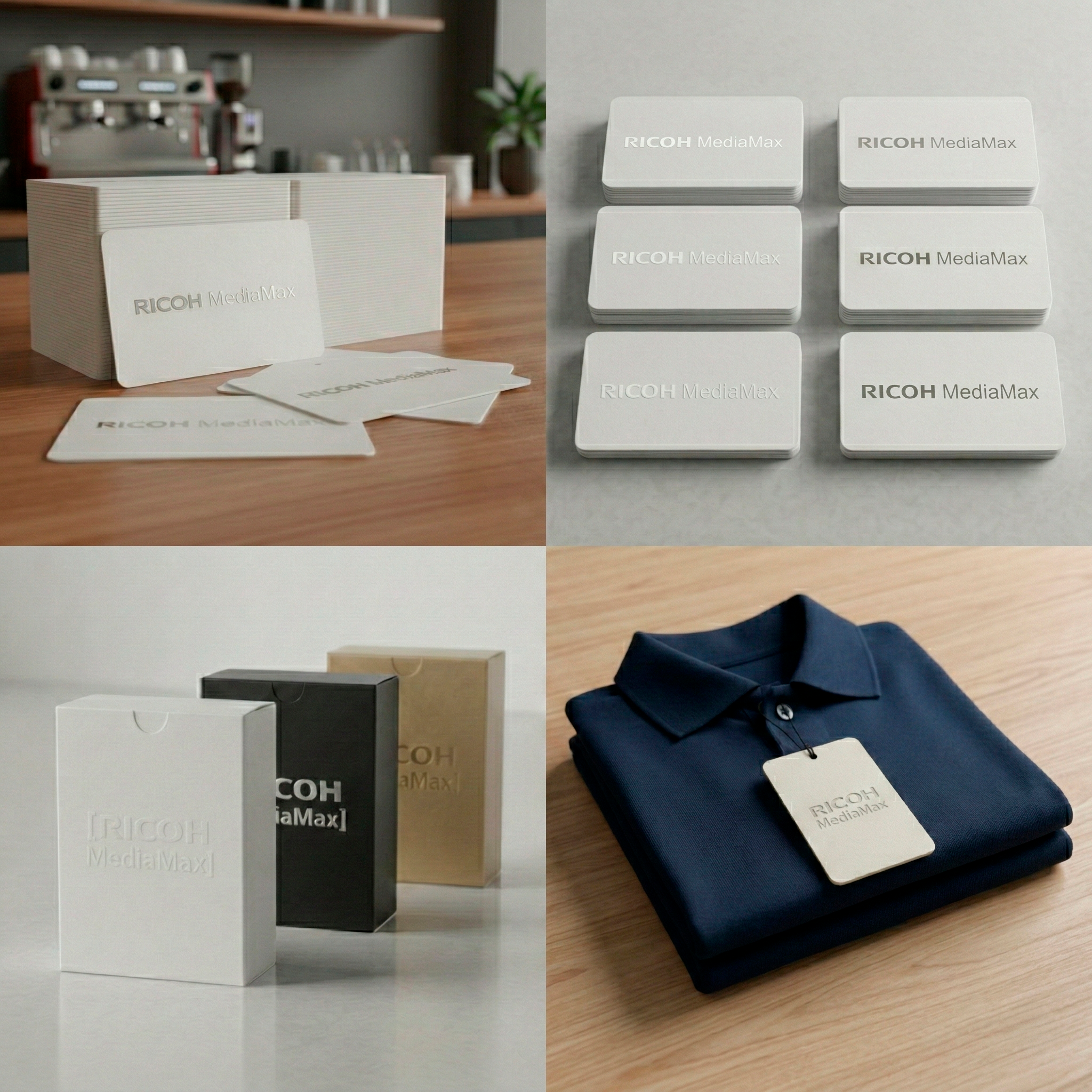 Solutions d’emballage et de présentoirs Ricoh MediaMax présentées sur un plan de travail, comprenant des boîtes en carton et des supports de présentation pour la vente au détail.