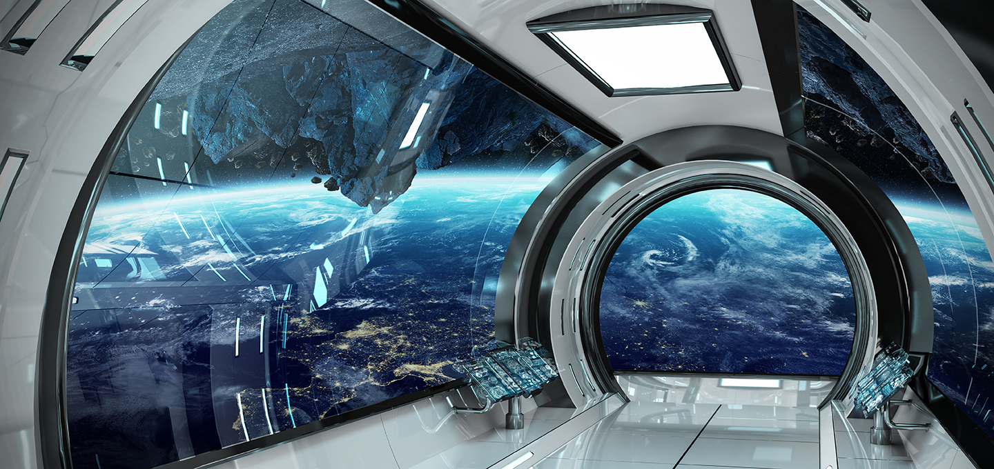 An image of a spaceship’s interior as it hovers over the earth from outer space.
