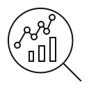Magnifying glass icon containing a line graph and bar chart, representing data analysis or performance insights.