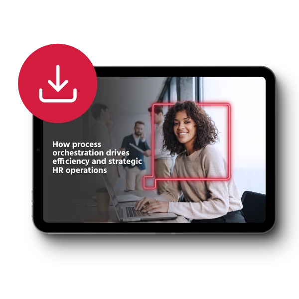 A digital tablet screen displays a woman with curly hair smiling at the viewer. She is working on a laptop. Behind her, two blurred figures are visible. The screen also features the text "How process orchestration drives efficiency and strategic HR operations" and a red download button with a downward arrow.