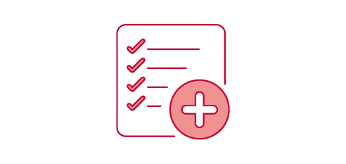 A red icon shows a piece of paper with four lines and checkmarks next to them. There is also a red circle with a white plus sign inside, overlapping the bottom right corner of the paper.
